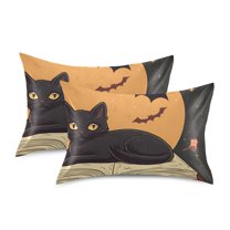 Yayeee Pillowcase King Size Set of 2 Satin Wrinkle Resistant Pillow Case, Orange Halloween Cat