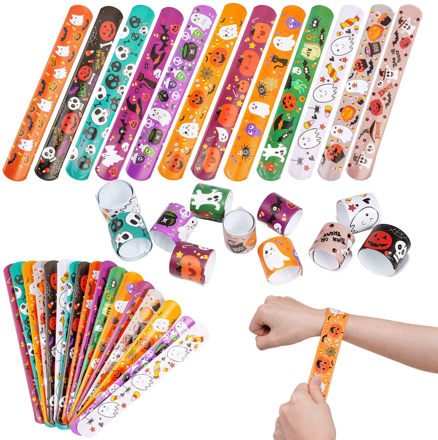 100 Pcs Friendship Bracelets Halloween Party Supplies and Decorations Snap Bracelets with Halloween Classies Pattern JOYIN Halloween Slap Bracelets Party Favors for Kids 