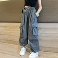 thumbnail image 4 of Lenpel Girls' Cargo Pants Lightweight Elastic High Waisted Drawstring Pleated Wide Leg Joggers Baggy Streetwear Casual Trousers(Gray,7-8 Years), 4 of 5
