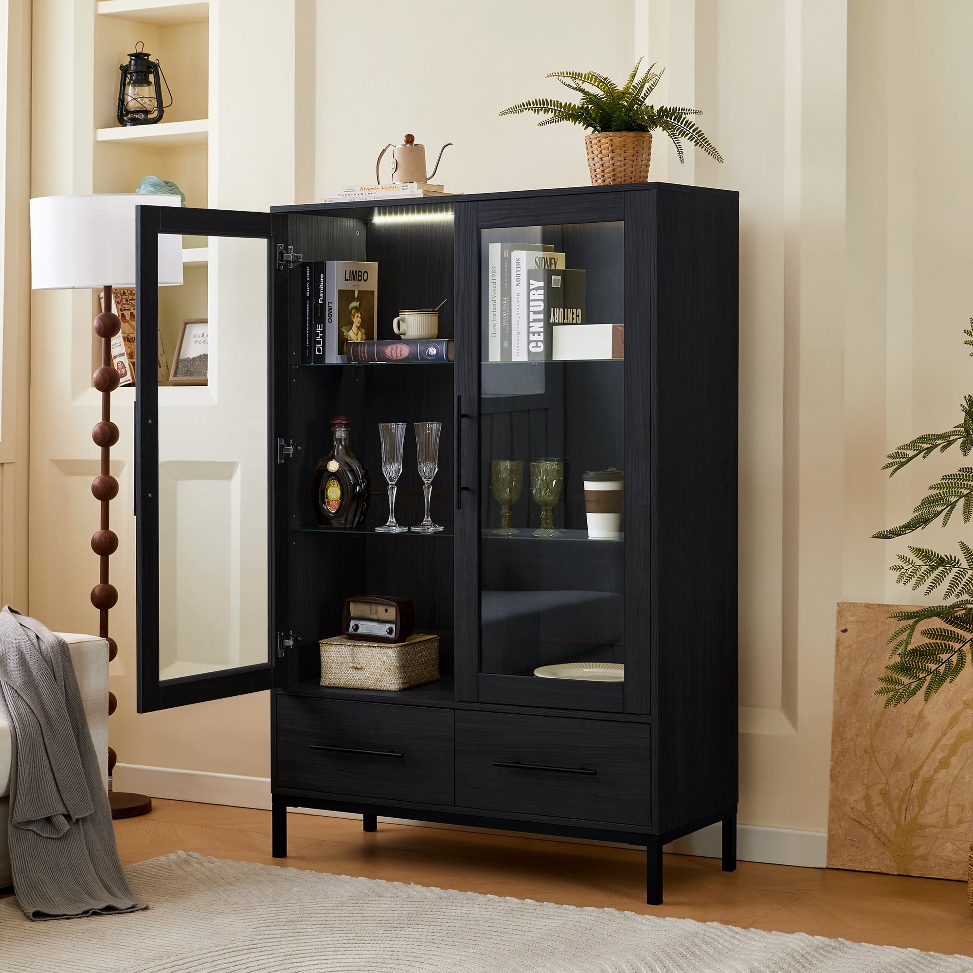 Euroco Modern LED Lighted Display Cabinet with Glass Shelves and Drawers,Storage Curio Cabinet with Adjustable Shelves and Metal Legs, Showcase