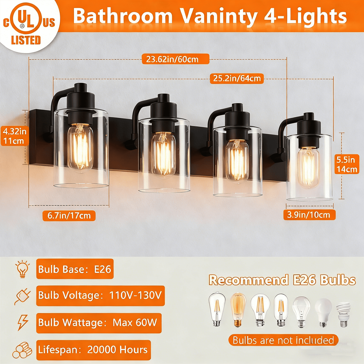 Bathroom Vanity Light Fixture 4-Light Matte Black Bathroom Light Fixtures Over Mirror with Clear Glass Shade Modern Farmhouse Vanity Lights Lighting Fixtures
