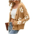 thumbnail image 4 of larppty Womens Ribbed Knit Cardigans Cute Graphic Daisy Button-up Jacquard Knitted Sweater Coat (Khaki, L), 4 of 9