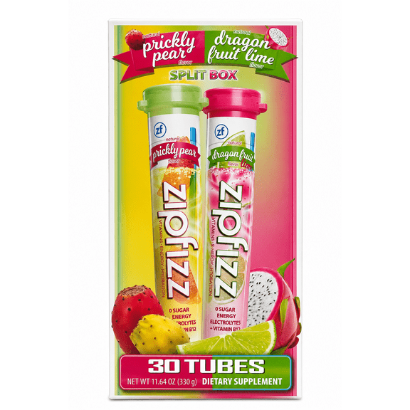 Zipfizz Vitamins Energy Hydration Drink Mix Split Box, Prickly Pear & Dragon Fruit Lime Flavors, Zero Sugar, B12 Electrolytes, 30 Single-Serving Tubes (15 of Each Flavor)