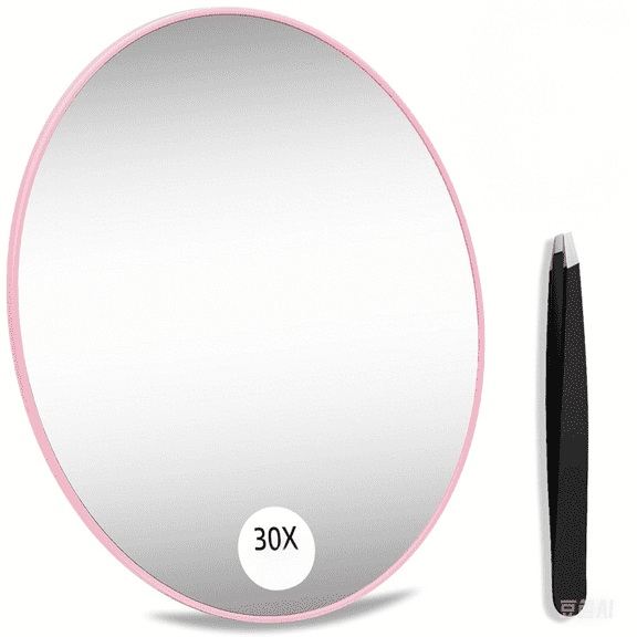 30X Magnifying Mirror with 2 Suction Cups - 4'' Stick on Makeup Mirror Magnified Makeup Mirror Portable Handheld Cosmetic Mirror and Tweezers Set for Travel, Makeup, Bathroom(Pink)