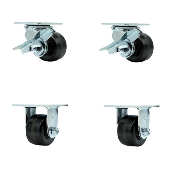 3.25 Inch Phenolic Caster Set with Ball Bearings 2 Brakes 2 Rigid Service Caster