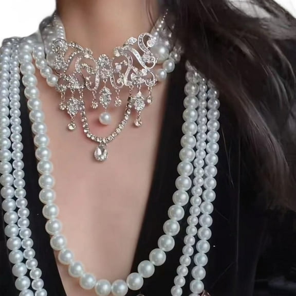 ROZYARD Faux Pearls Beaded Necklace with Sparkling Crystal Statement Jewelry Accessory
