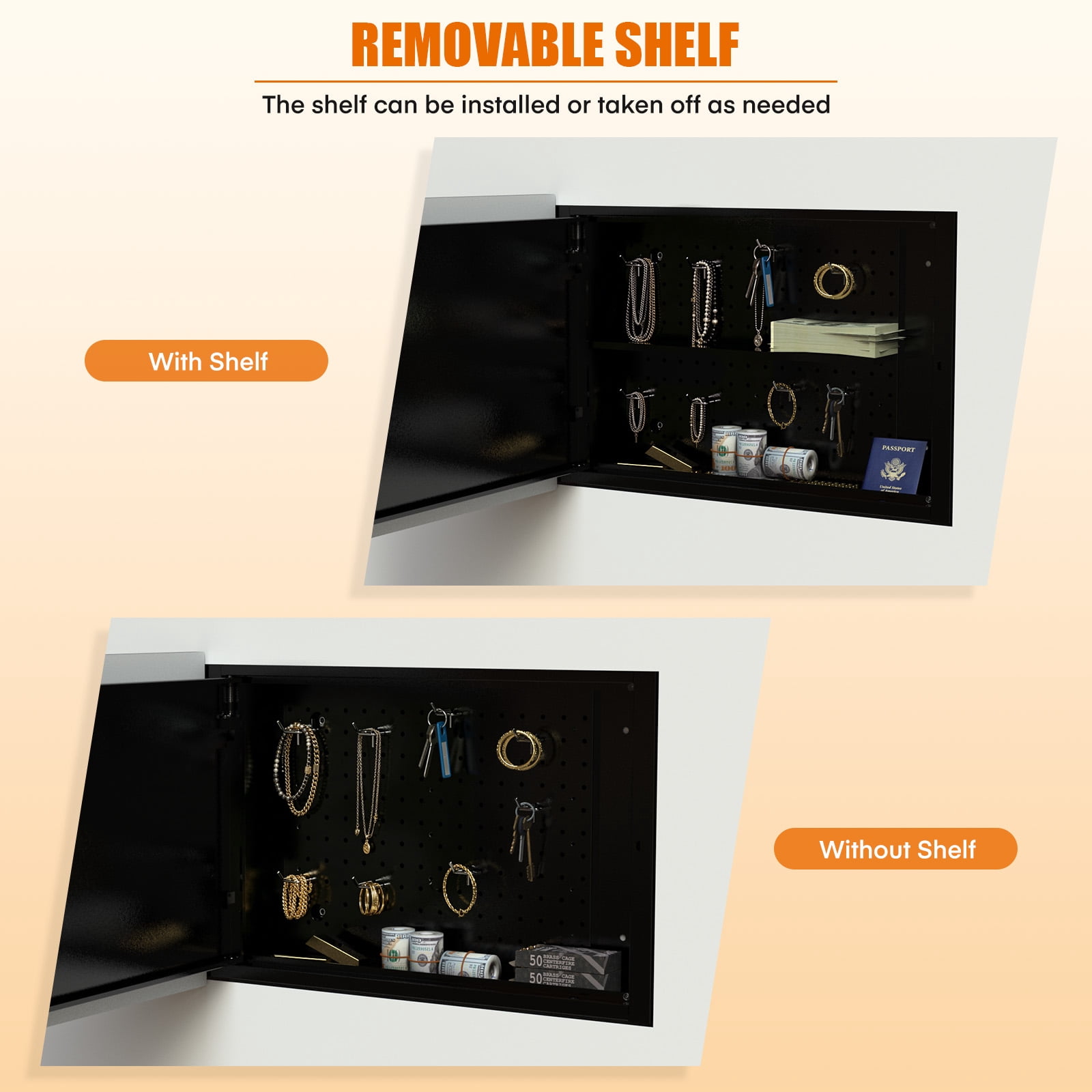 Metateel in-Wall Gun Safe with Key Lock, Between Studs Wall Cabinet Fits 24-Inch Stud Spacing, Magnetic Hooks & Removable Shelf, Anti-Theft Locking Rod