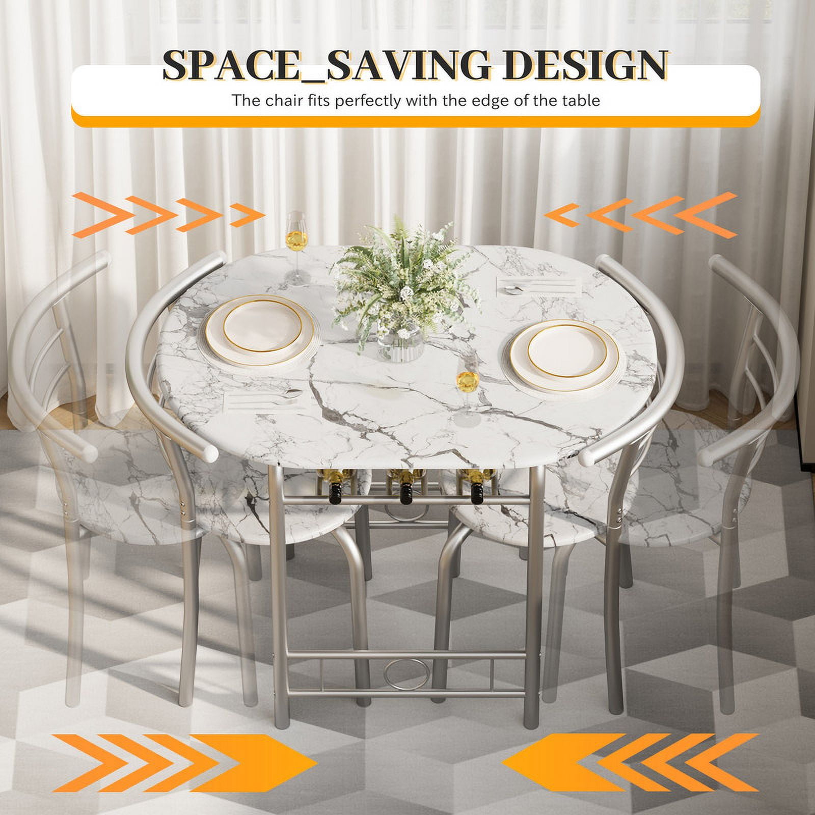 Lacoo 3-Piece Small Dining set, Table and Chair Set for 2 ,for Living Room, Dining Room, Kitchen, Marble & Sliver