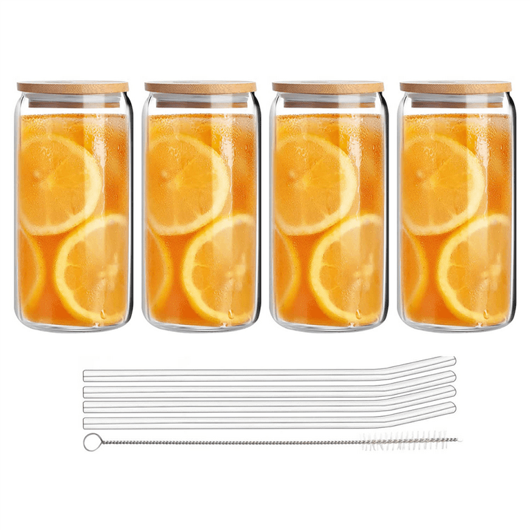 LotFancy Drinking Glasses with Bamboo Lids and Glass Straw  4pcs Set, 25oz Beer Can Shaped Glass Cups, Beer Glasses, Iced Coffee Glasses  for Boba Tea, Juice, Soda, Cocktail: Highball Glasses
