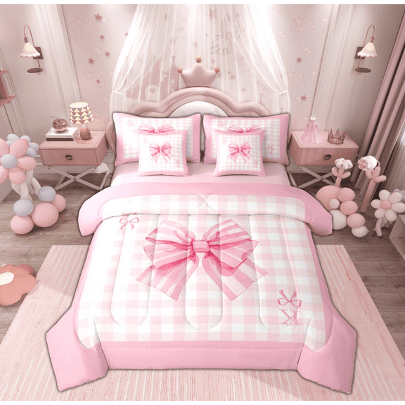 Manfei Princess Pink Ribbon Twin Bedding Sets 7-Piece for Girl, Cartoon Monogrammed K Bedding Comforter Set, Buffalo Plaid Reversible Sheet Sets, Luxury Bedroom Decor