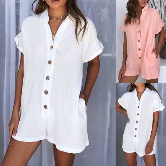 Brqkzdu Summer Linen Jumpsuits for Women Casual V Neck Short Sleeve Button Down Loose Fit Rompers with Pockets
