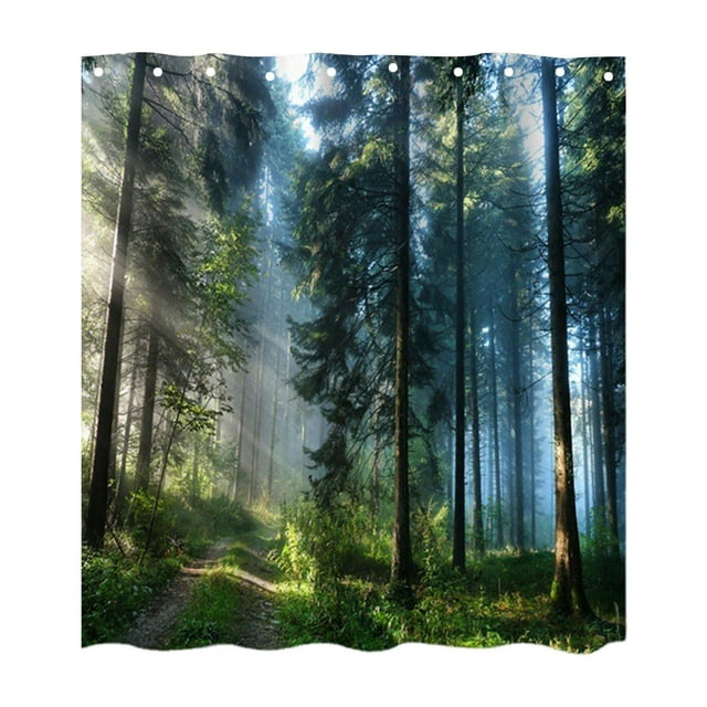 Cortina de ducha de 180x180 cm con agujeros, impermeable, con estampado digital. bosque