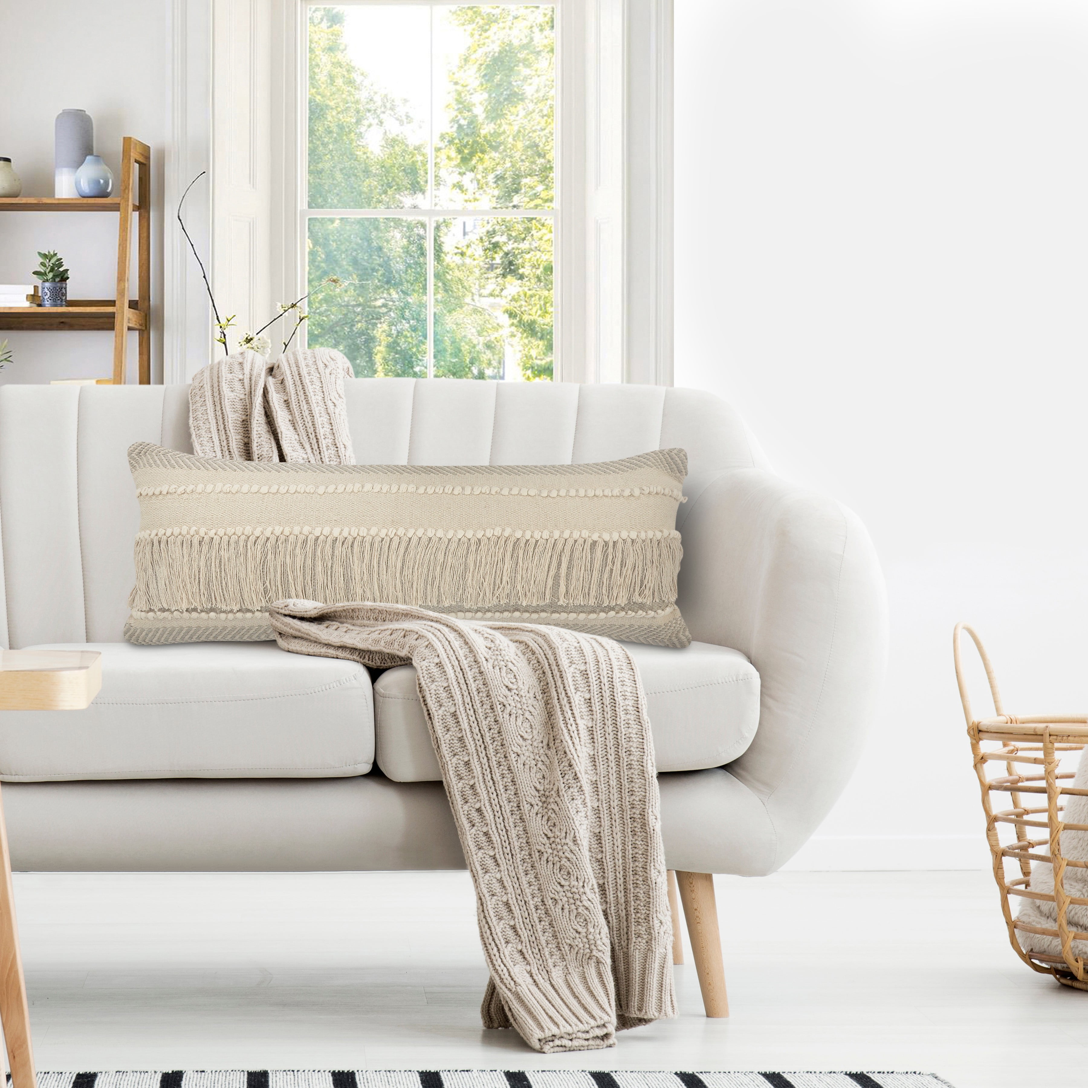 Willey Woven Paths Over-Tufted Throw Pillow, Beige, 14" x 36"