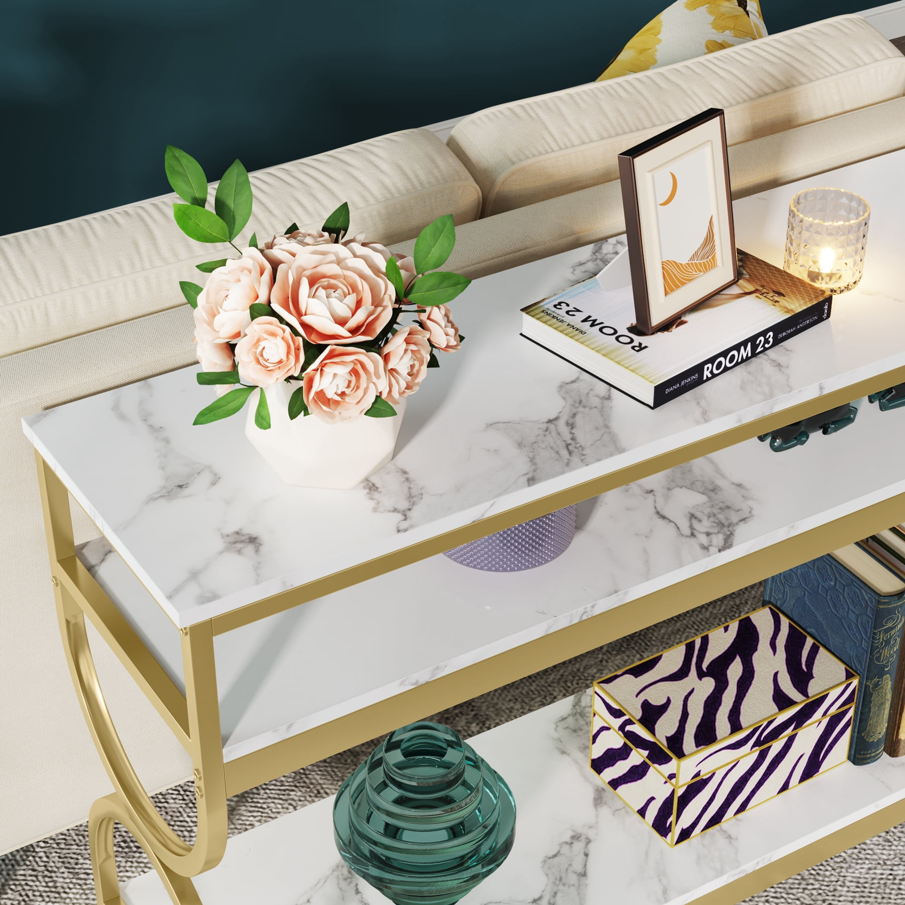 Tribesigns Modern 3 Tiers Console Table, 55 inch Faux Marble Sofa Entryway Tables with Storage Shelves for Living Room, Hallway and Foyer, White & Gold