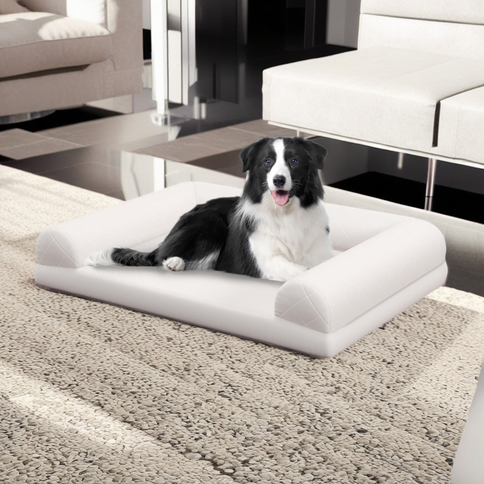Kadyn 36" Egg-Foam Dog Bed with 3-Side Bolster, Pet Sofa Bed for Small Medium Dogs, Removable Washable Bed Cover Dog Crate Bed, Beige