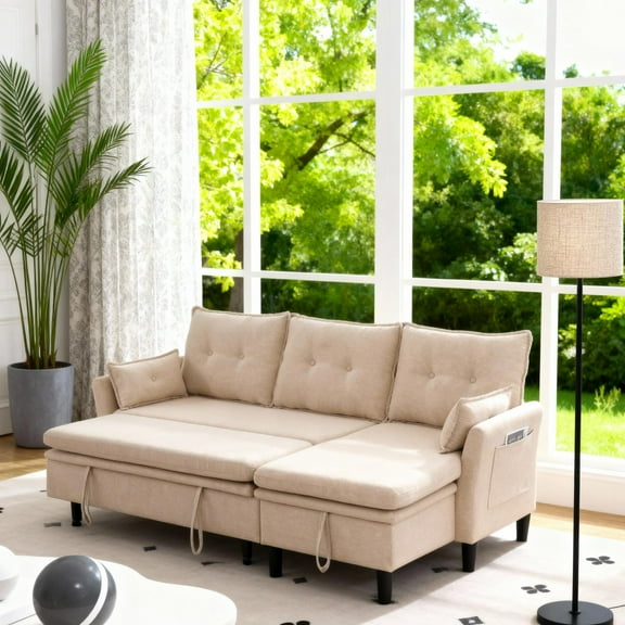 Gewnee L-Shaped Sectional Sofa,Reversible Chaise with Storage,Pull-Out Type Sofa Bed.Suitable for Apartments & Offices.Beige