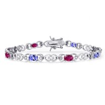 Gem Stone King 925 Sterling Silver Blue Tanzanite and Red Created Ruby and Lab Grown Diamond Bracelet for Women | 3.81 Cttw | Gemstone December Birthstone | Oval 6X4MM | Length 7.25 inches