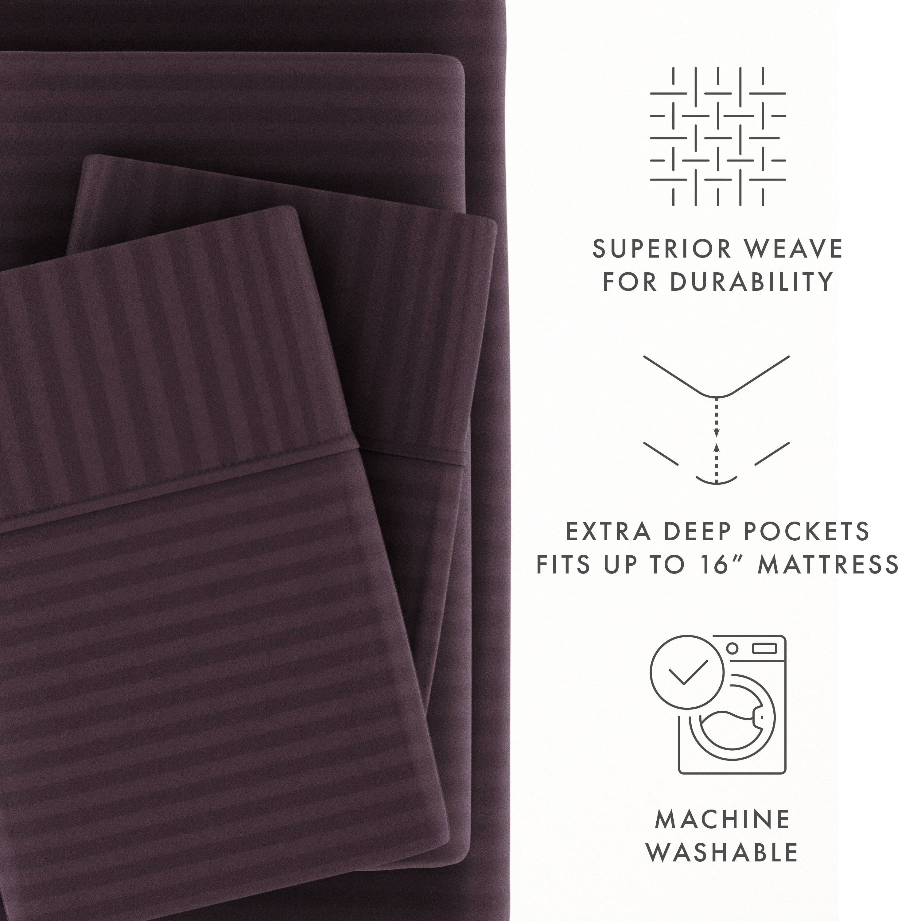 Noble Linens 4 Piece Purple Striped Embossed Bed Sheet Set, Queen