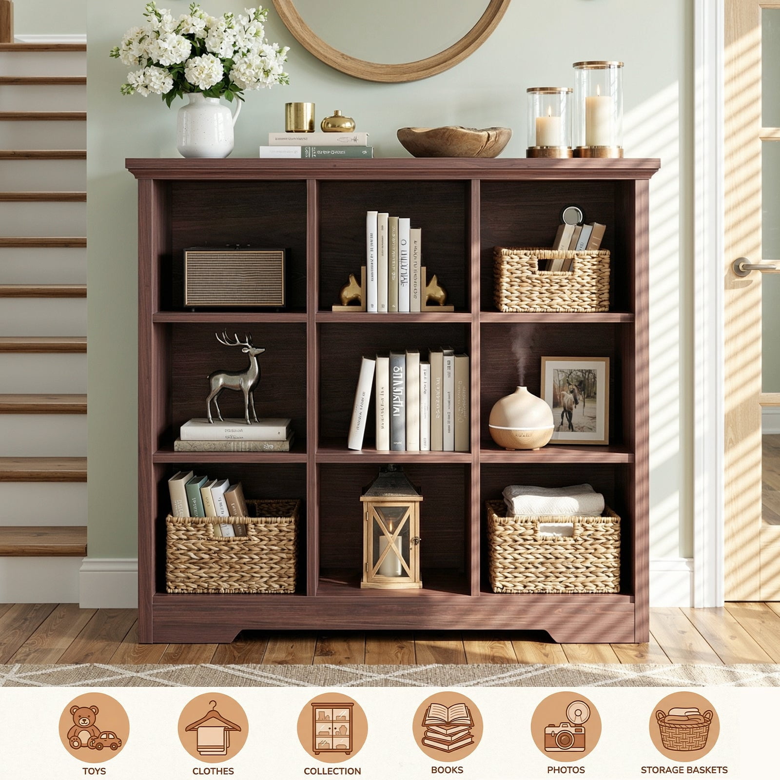 Homieasy 9 Cube Storage Organizer with Charging Station, 41'' Tall Wooden Cube Bookcase for Living Room, Bedroom, Walnut