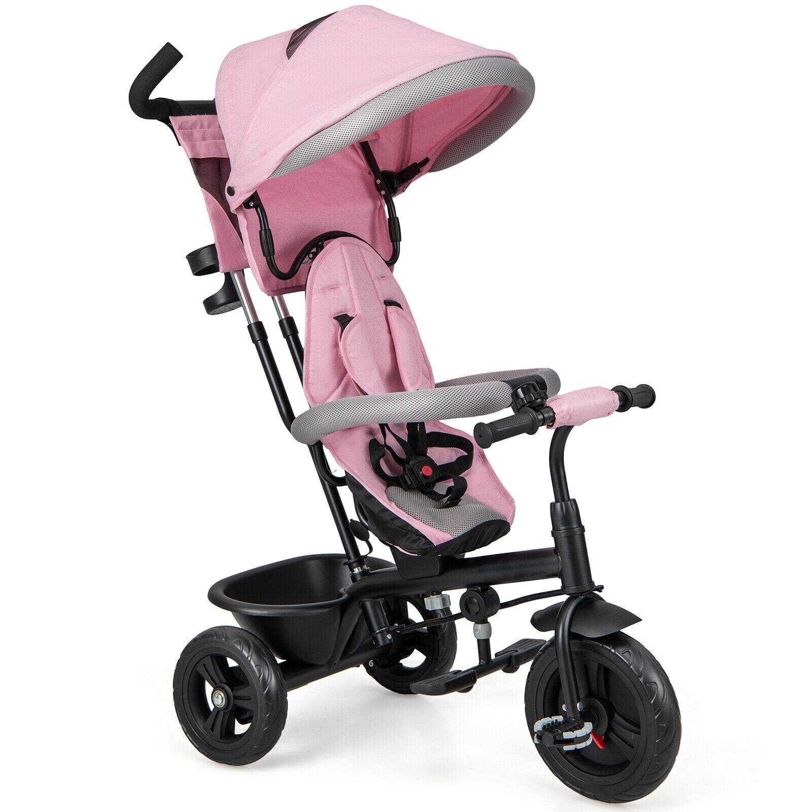 Amijoy 4-in-1 Kids' Tricycle Stroller, Toddler Push Bike with Adjustable Push Handle, Reversible Seat, Folding Canopy & Detachable Guardrail