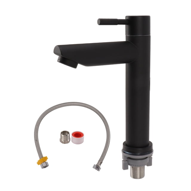 Bathroom Sink Faucet Stainless Steel Modern Single Handle Single Hole Cold Water Faucet Vanity Sink Tap for Home Hotel Black Straight