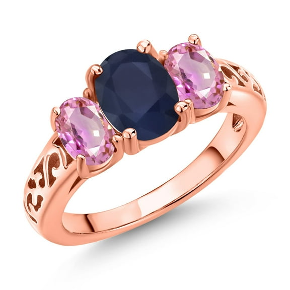 Gem Stone King 18K Rose Gold Plated Silver Blue Sapphire and Pink Sapphire Filigree Style 3 Stone Ring for Women (3.00 Cttw, Oval 8X6MM and 6X4MM) (Size 5)