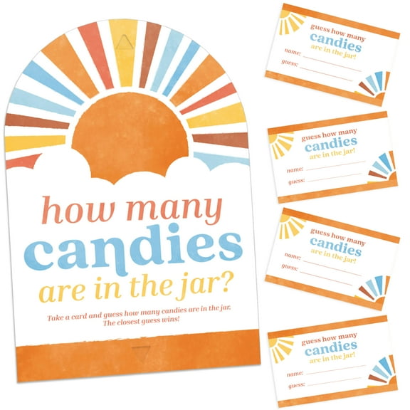 Big Dot of Happiness Retro Sunshine How Many Candies Are In The Jar, Themed Here Comes The Son Baby Shower Game, Candy Guessing Party Activity - 1 Paper Stand and 40 Cards