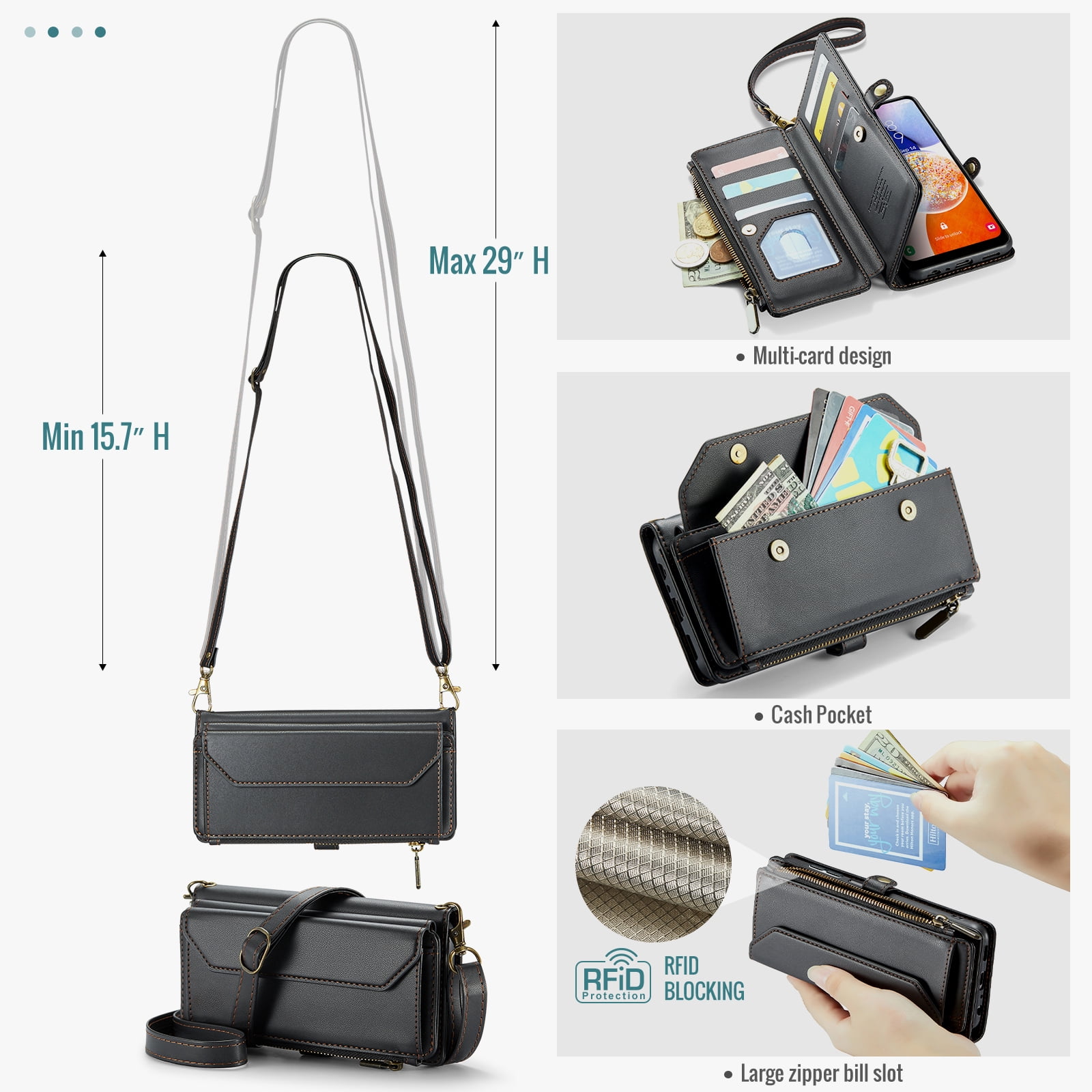 Asuwish Compatible with Samsung Galaxy A15 5G/4G Zipper Wallet Phone Case Tempered Glass Screen Protector Crossbody Lanyard Strap Flip Card Holder Slot Cell Cover for A 15 G5 15A Women Girls Black
