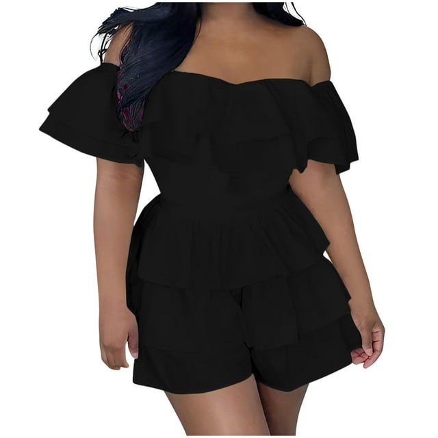 Lenpel Women's off Shoulder Rompers Trendy Cotton Ruffle Short Sleeve Tiered Summer Jumpsuits Casual Overall Shorts