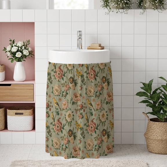 Vintage Spring Floral Small Cabinet Curtain 11''x13'', Farmhouse Flowers Green Vintage Bathroom Sink Skirt for Kitchen Vanity Pedestal, Laundry Privacy Drape Waterproof Dishwasher Curtains