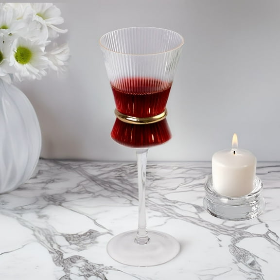 Efavormart 6-Pack Wine Glasses – 9oz Real Glass, Clear Ribbed Design with Gold Ring Accent, Elegant Glassware for Celebrations – 9" Tall