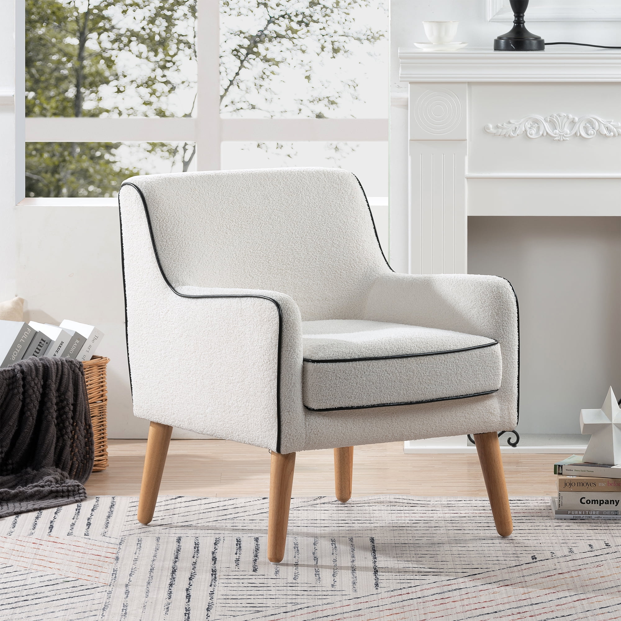 Kepooman White Arm Chair, Single Sofa Chairs for Bedroom, Armchair with Wood Legs Kepooman White Arm Chair, Single Sofa Chairs for Bedroom, Armchair with Wood Legs