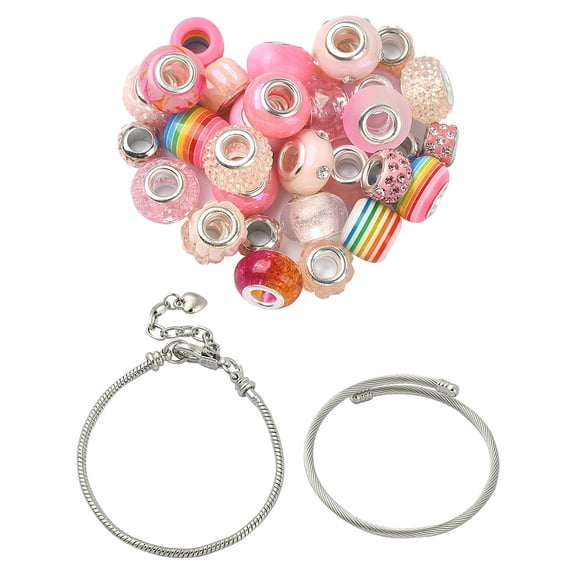 1set European style Bracelet Making Kits Including Acrylic & Resin & Polymer Clay Rhinestone European Beads Alloy & Brass Cuff Bangles Makings Deep Pink 56pcs/set