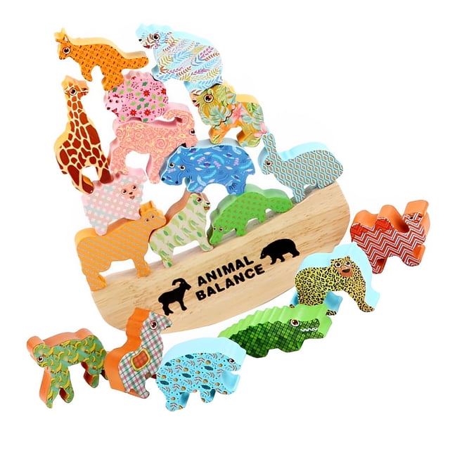 Vogacara Wood Balancing Game Colorful Animals Stacking Party Toy Early Building Boat Blocks Favors Balance Board Education Kids Juguetes