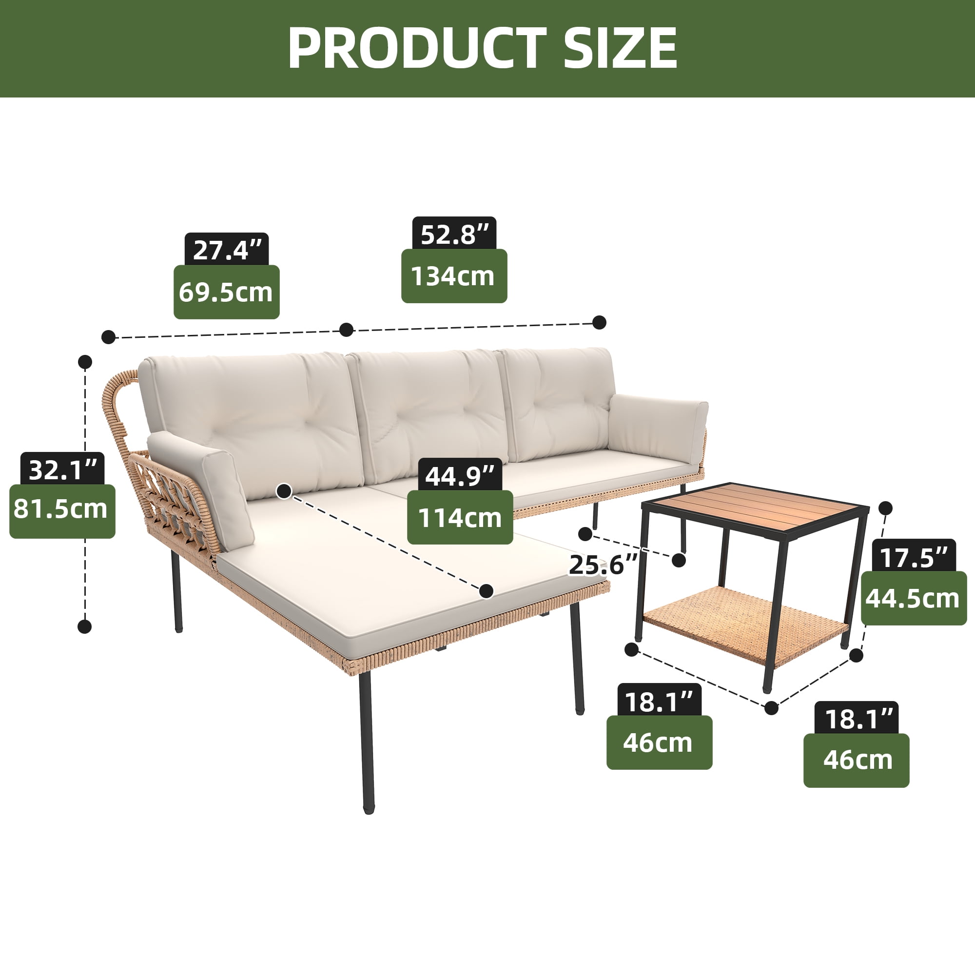 Uforic 3-Piece Patio Furniture Set, Indoor Outdoor Wicker Conversation Set of Sectional L-Shaped Sofa with Cushions and Coffee Table, Beige