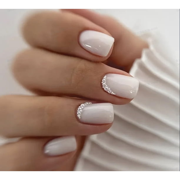 Press on Nails con punta curvlife, acrílico, cubierta completa, color blanco perlado