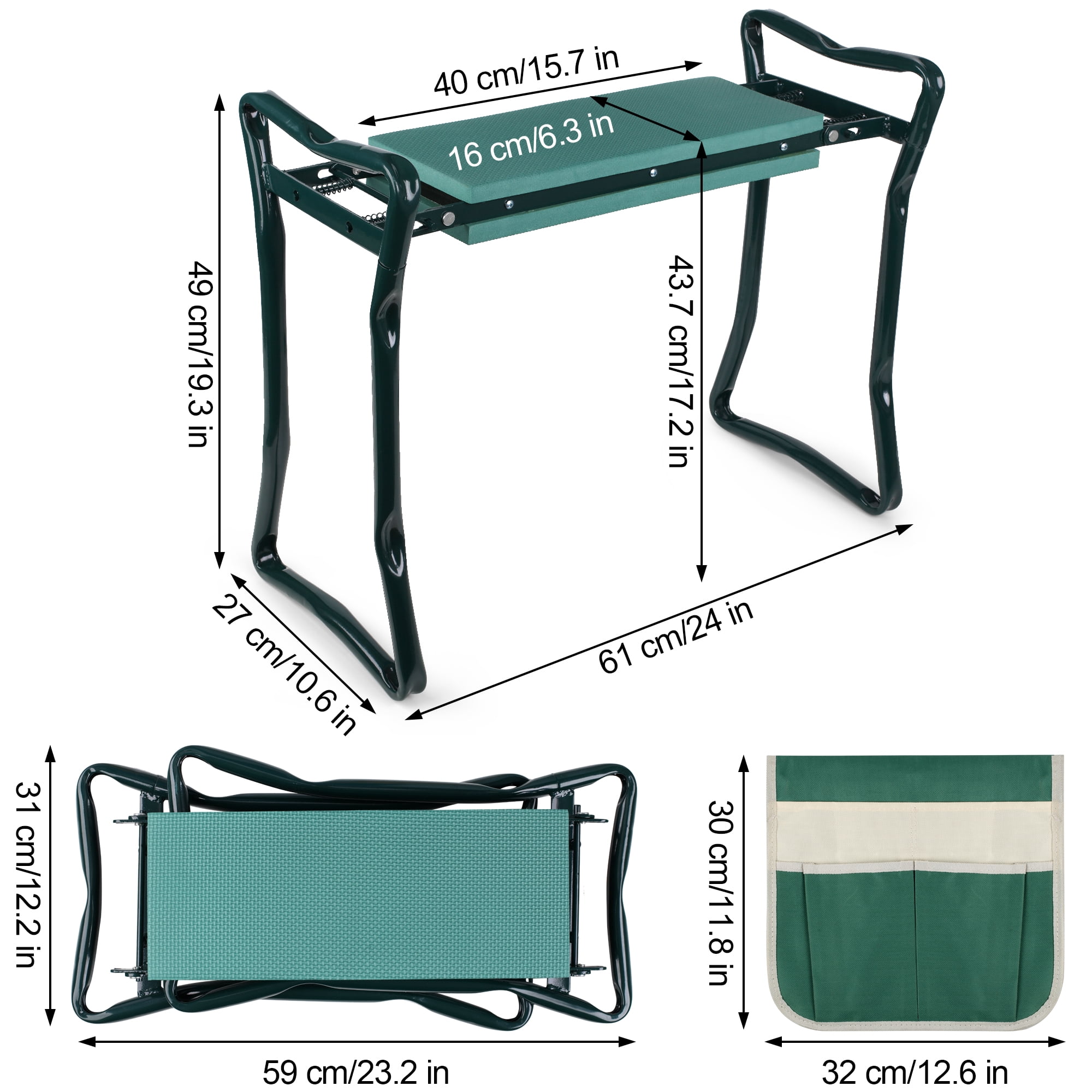 Folding Garden Kneeler and Bench Kneeling Soft Eva Pad Seat with Stool Pouch,Green