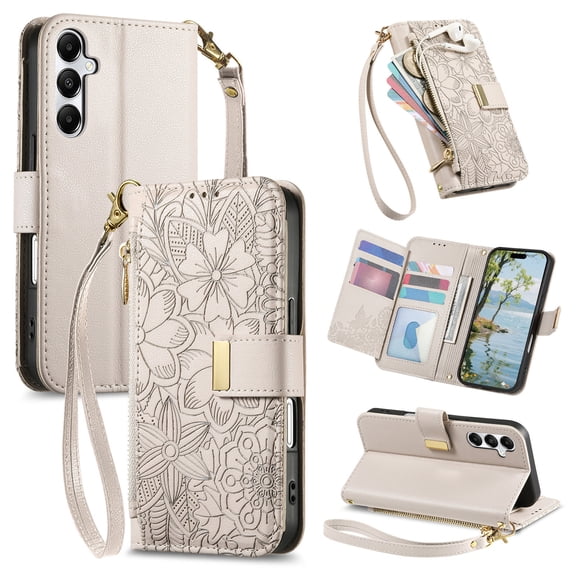 Sanwo for Samsung Galaxy A56 5G Wallet Case, PU Leather Flip Cover with Card Holder, Zipper Pocket, Cash Slot & Detachable Strap,Beige