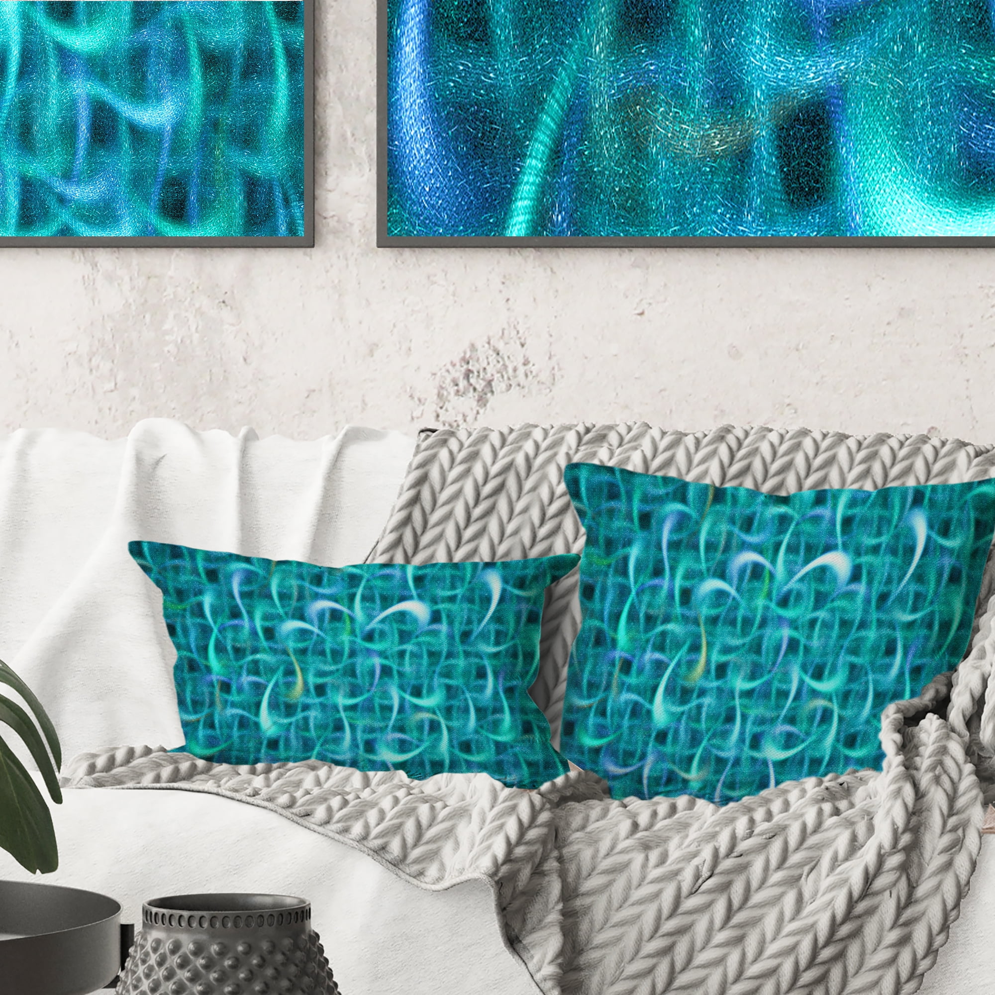 Designart Turquoise Watercolor Fractal Pattern - Abstract Throw Pillow - 18x18