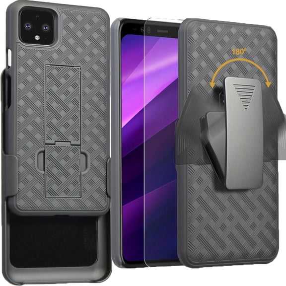 Compatible with Google Pixel 4 Case with [Tempered Glass Screen Protector Belt Clip Holster] Hybrid ShockProof Armor Protection Phone Cover [Black]