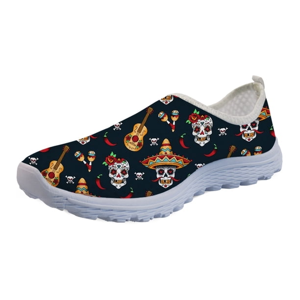 Doginthehole - Zapatos góticos para mujer, zapatillas de verano planas de malla ligera, zapatillas sin cordones con estampado de calaveras de azúcar para mujer, zapatos de mujer para niñas