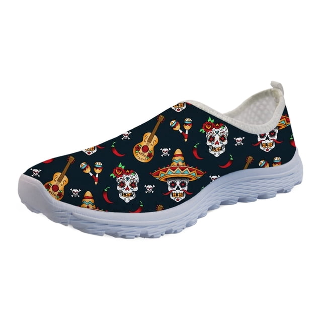 Doginthehole - Zapatos góticos para mujer, zapatillas de verano planas de malla ligera, zapatillas sin cordones con estampado de calaveras de azúcar para mujer, zapatos de mujer para niñas