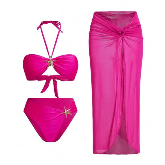 VBVC Women's 3 Piece Bikini Set,Ladies Halter Tie Front Top,High Cut Bottom with Sheer Maxi Cover Up,Hot Pink,Size L