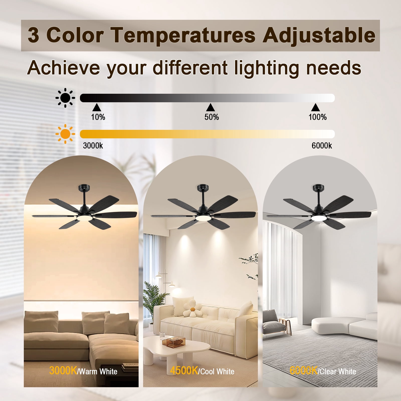 Ayaoty Ceiling Fans with Lights, 52 Inch Ceiling Fan with Light and Remote, 3CCT Dimmable, 6 Speed Reversible DC Motor,5 Blades Modern Brown Ceiling Fan for Bedroom, Indoor/Outdoor Use