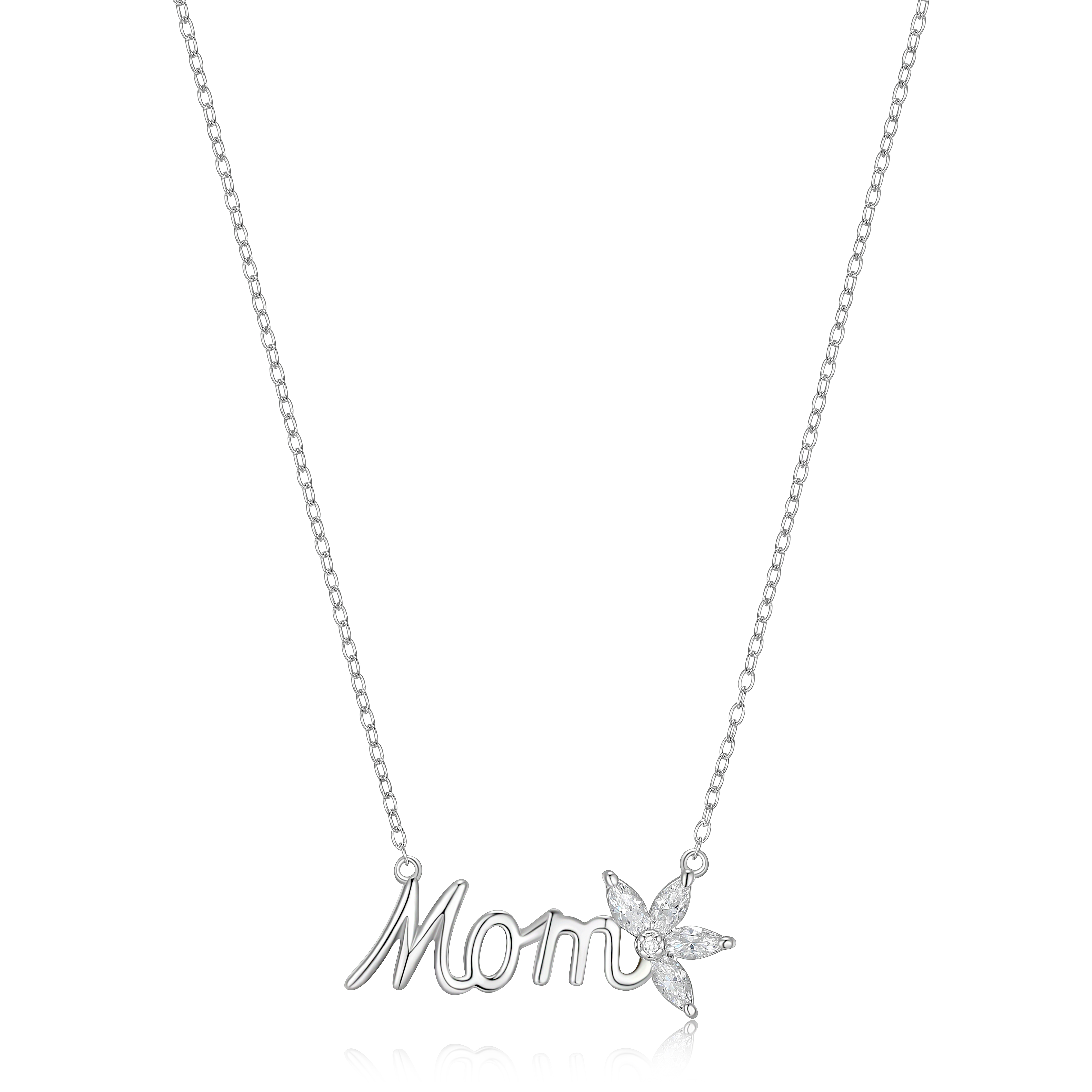 Forever Facets Women's 925 Sterling Silver "Mom" and Marquise Cubic Zirconia Flower Necklace Gift for Her