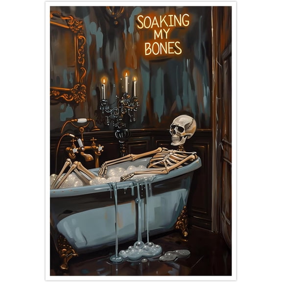 Soaking My Bones Wall Art Horror Halloween Decor Skeleton Bathtub Poster Moody Print Dark Academia Canvas Spooky Gothic Artwork Victorian Painting Bathroom Living 12x16inch Unframed