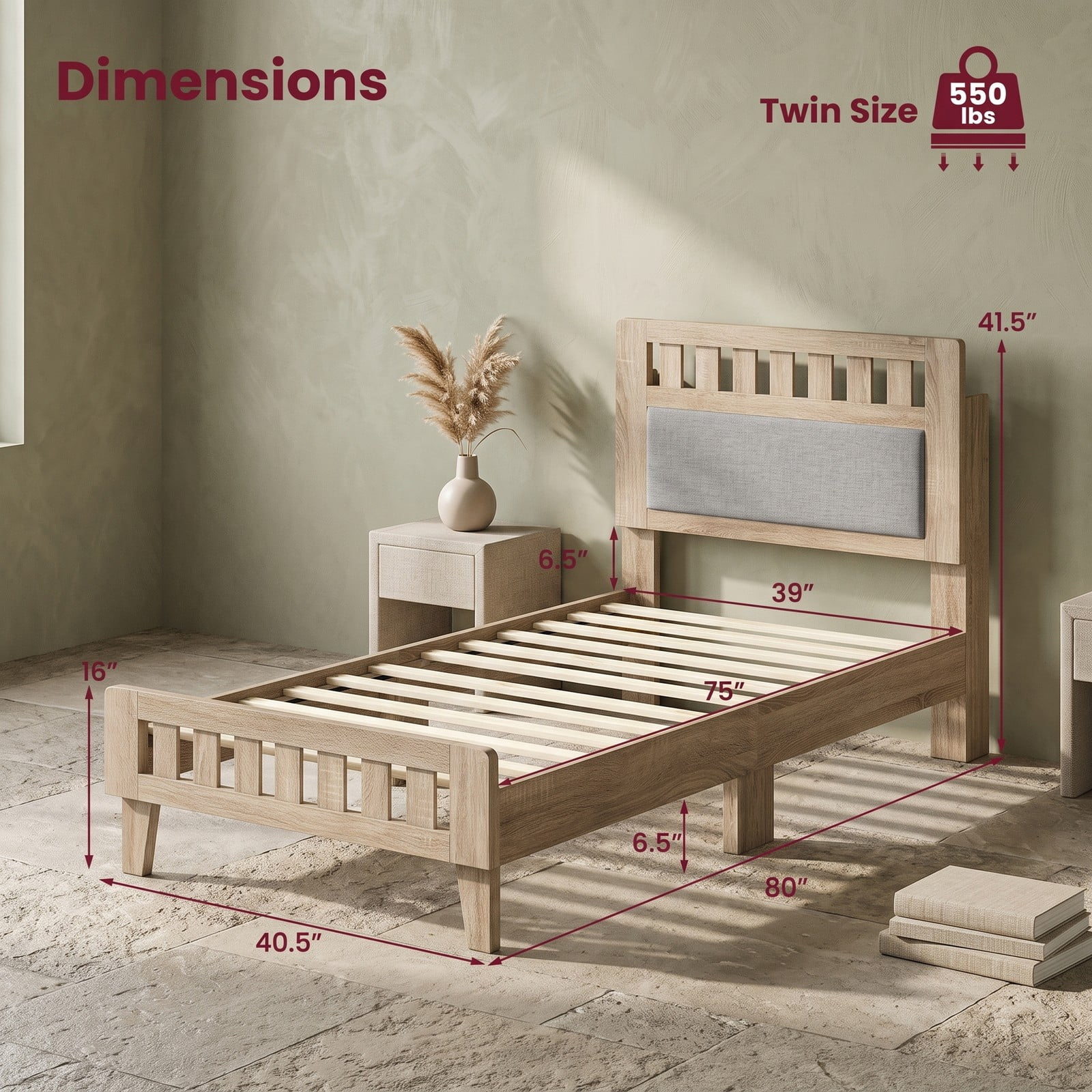 Furnibear Twin Bed Frame with Upholstered Headboard, Wood Platform Bed Frame Mid Century Style, No Box Spring, Rustic Oak and Beige