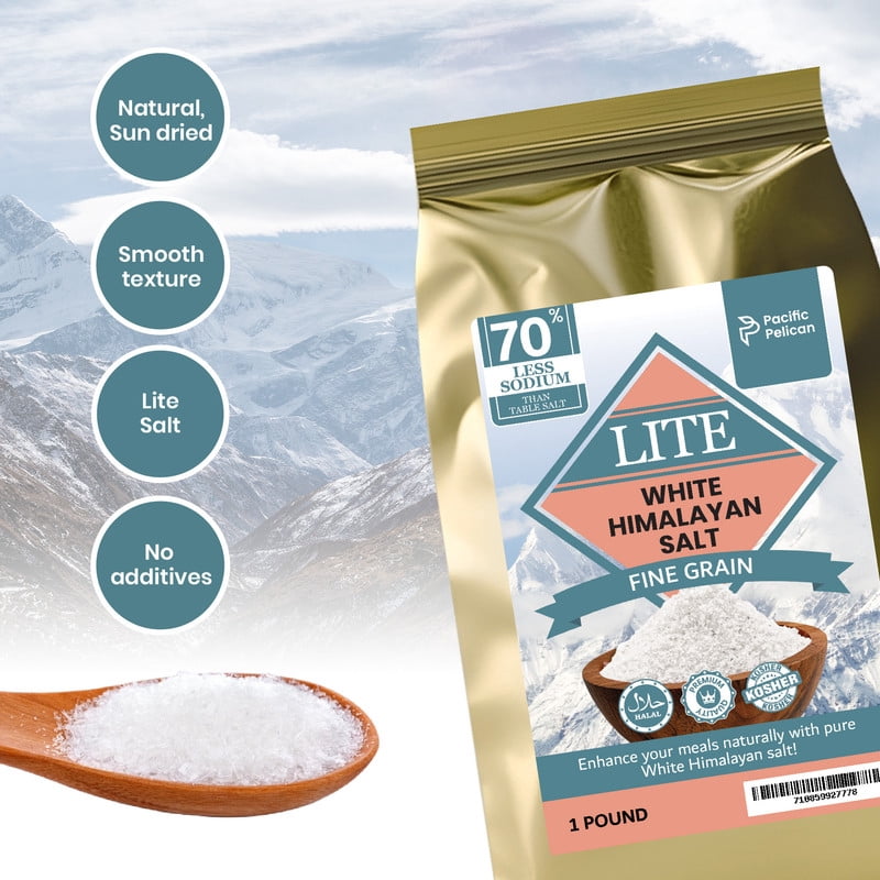 Pacific Pelican Iodized Lite White Himalayan Salt | 70% Less Sodium | Fine Grain, Unrefined, Pure Rock Salt, 100% Natural & Organic for Cooking, Seasoning & Wellness (1 LB) (Pack of 2)
