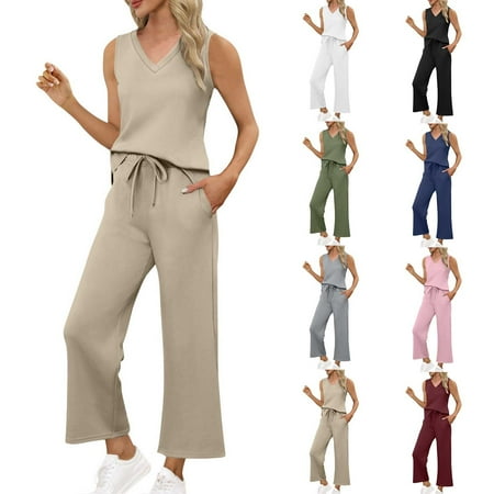 DDAPJ pyju Womens 2 Piece Set V Neck Sleeveless Crop Tops Wide Leg Pants Lounge Tracksuits Airport Travel Cruise Outfit Ofertas Prime Black M