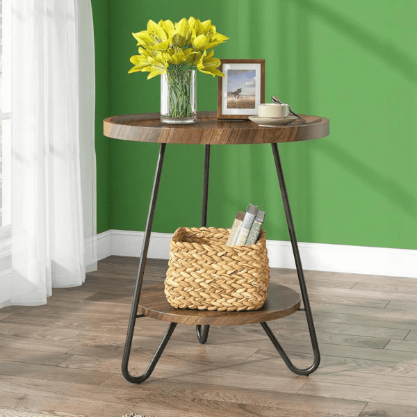 Round End Table with Lower Shelf, 20 inch Industrial Side Table for Living Room, Bedroom - Light & Dark Color Options, 70lbs Capacity